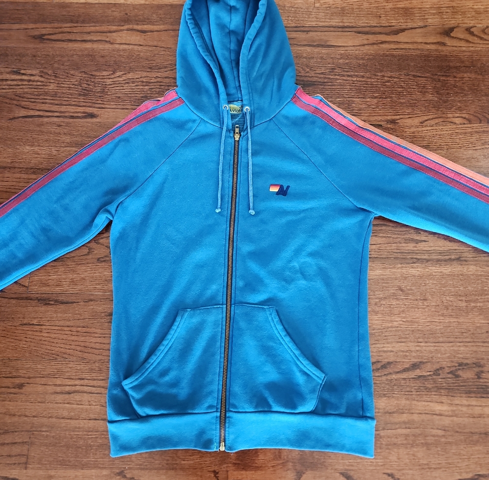 Aviator Nation Blue Zip-Up Hoodie with Pink Stripe Detail